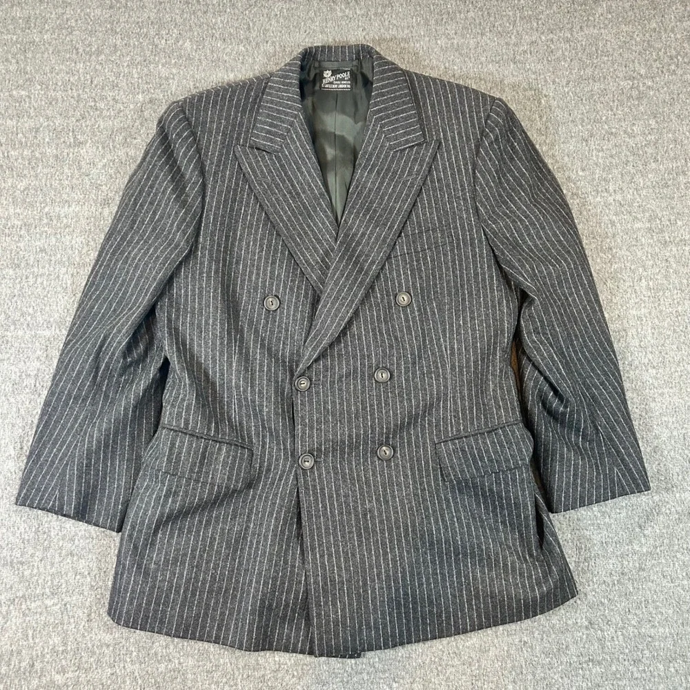 VTG Henry Poole Savile Row Bespoke Double Breasted Suit Chalk Stripe Men 44R 80s